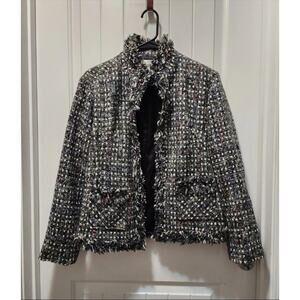 Chicos Tweed Blazer Black White Open Front Fringe Jacket Size 1 Pockets Lined